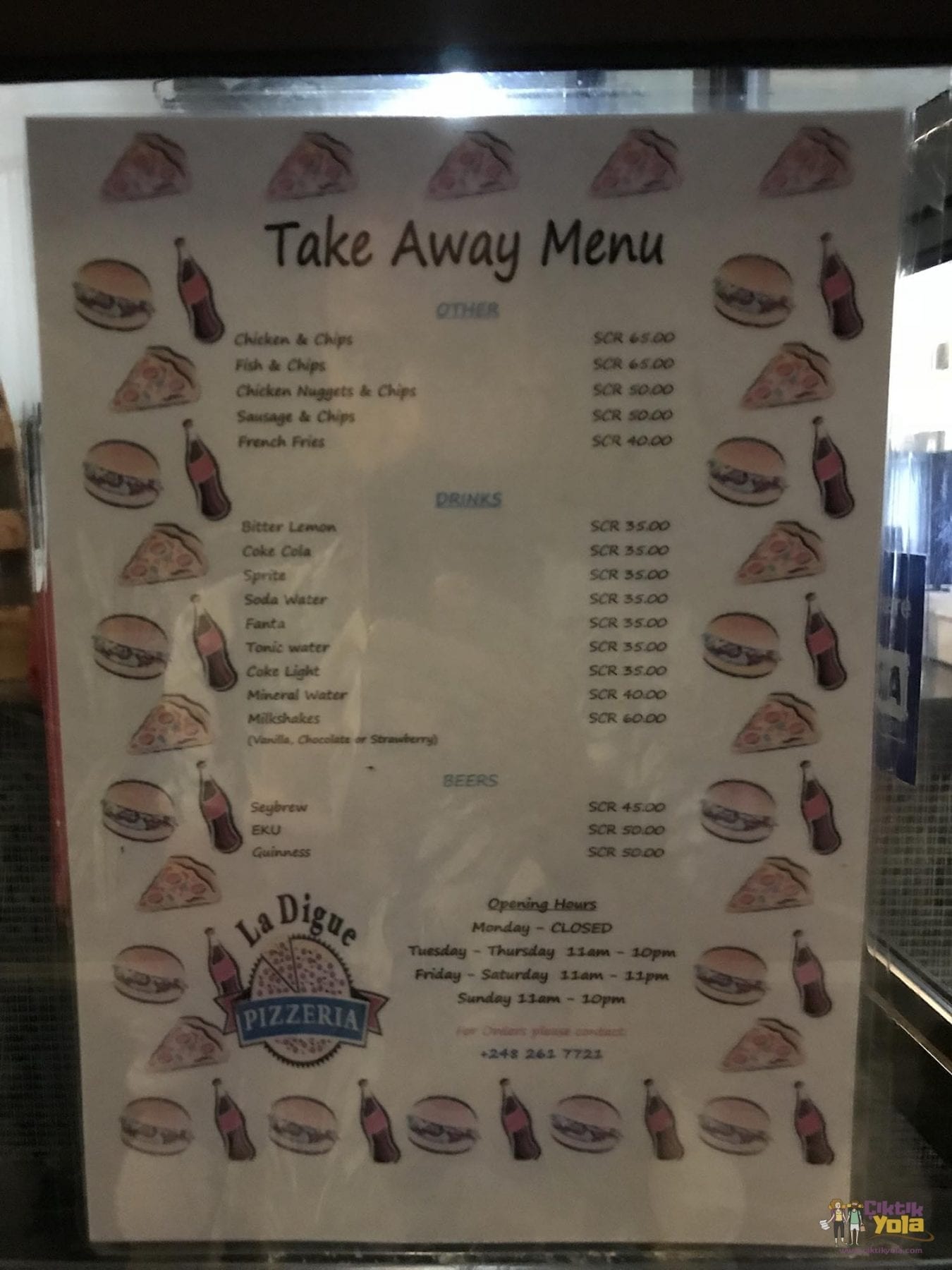 La Digue Pizzeria'nın paket servis yemek ve içecek fiyatları menüsü