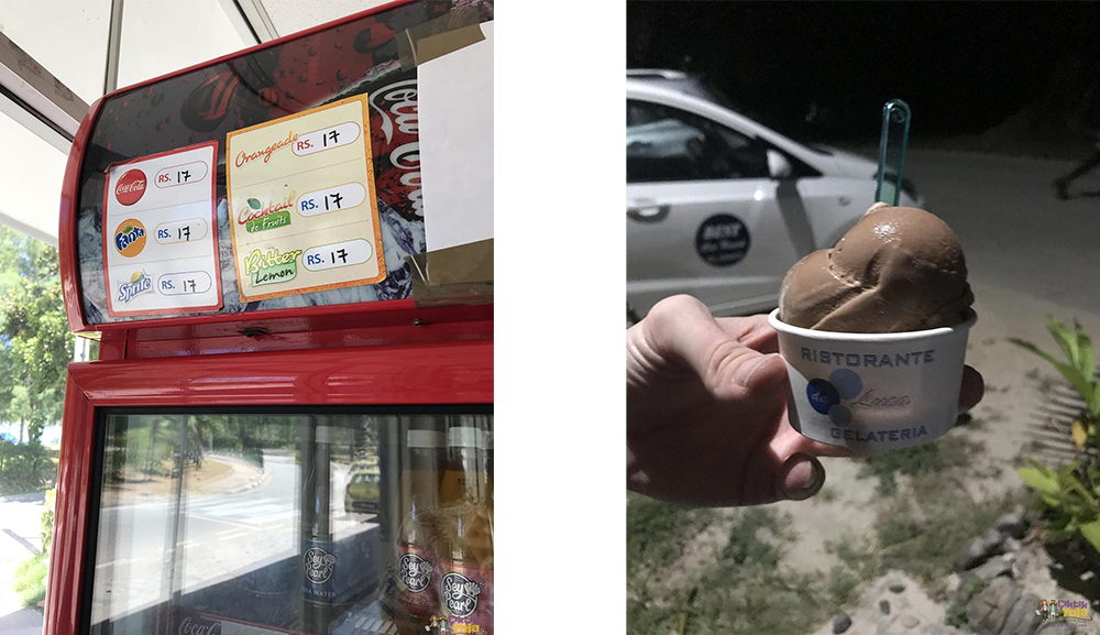 Seyşeller'de içecek fiyatları panosu ve bir kaptaki çikolatalı dondurma