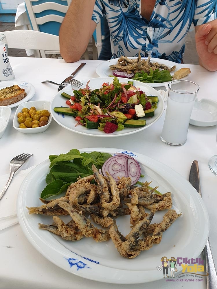 Körfez Restaurant'ta servis edilen kızarmış papalina ve salata