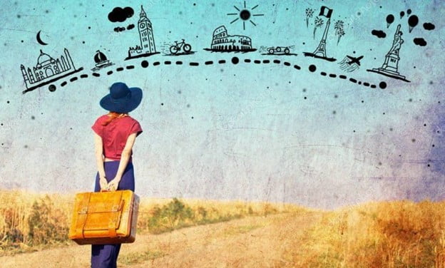 Valiziyle duran yolcunun karşısında şehir simgeleri ve rota çizimi